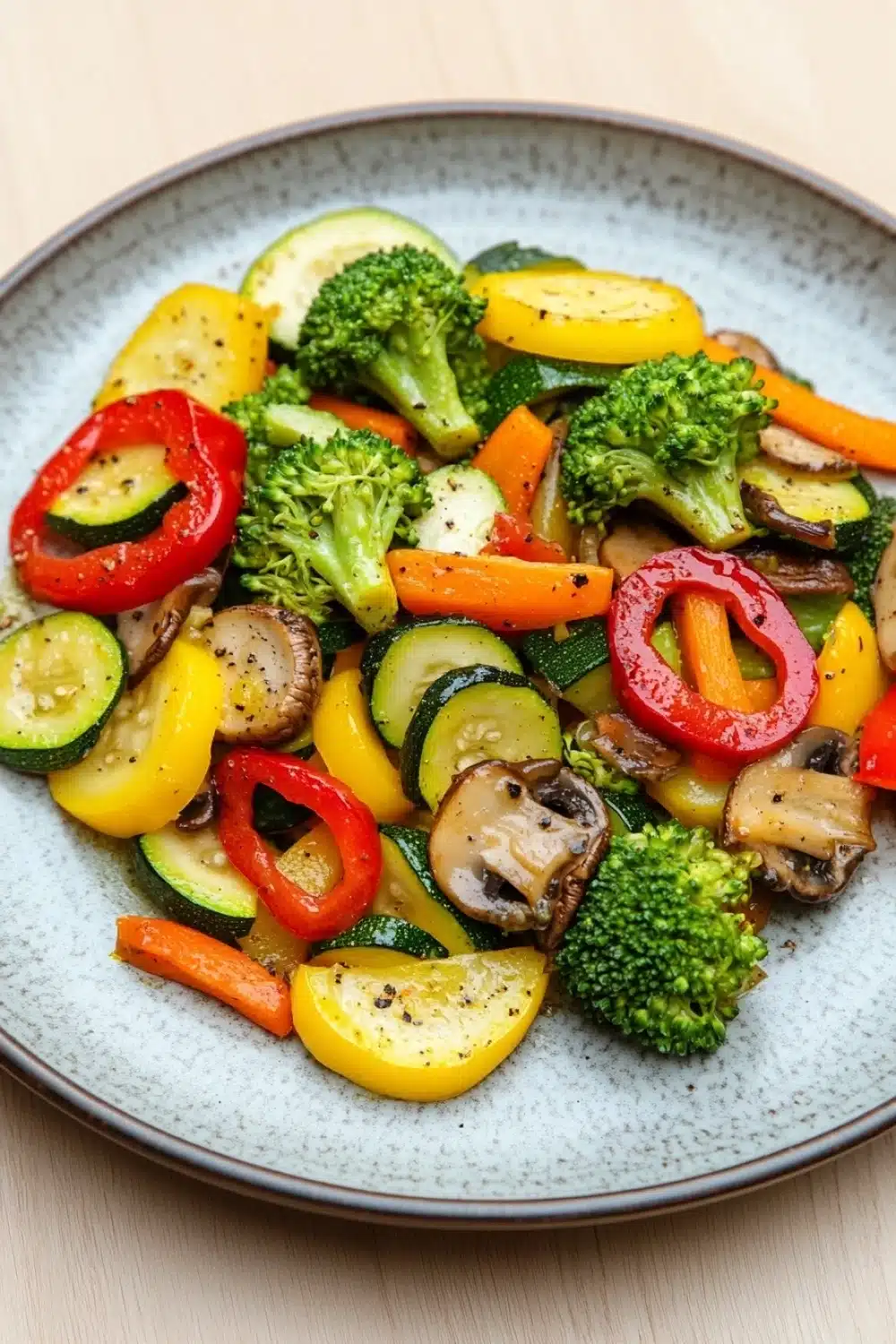 Restaurant style sauteed vegetables - the image is a close-up of a plate of food. the plate is round and has a light blue speckled pattern. the food appears to be a stir-fry dish with various vegetables, including broccoli, zucchini, bell peppers, and mushrooms. the vegetables are cut into small pieces and are arranged in a colorful and appetizing manner. the colors of the vegetables are vibrant and the dish looks fresh and fresh.