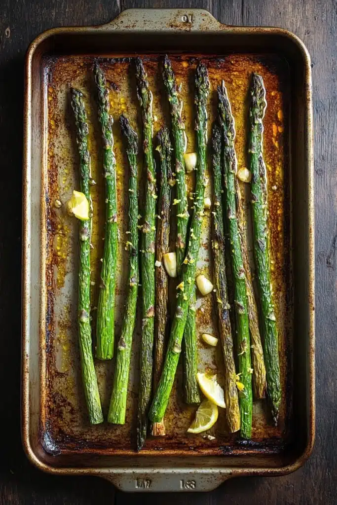 Roasted asparagus garlic - the image shows a baking tray with cooked asparagus spears on it. the tray is made of metal and has a rustic, weathered appearance. the spears are arranged in a single layer on the tray, with some of them overlapping each other. there are also small pieces of lemon wedges scattered around the tray. the background is a dark wooden table, and the tray is lined with parchment paper. the overall color scheme of the image is warm and earthy.