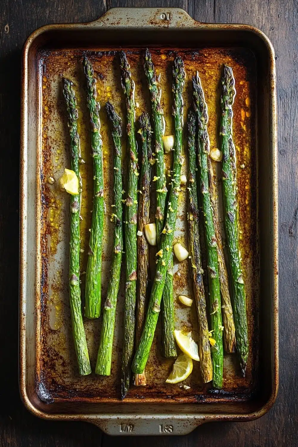 Roasted asparagus garlic - the image shows a baking tray with cooked asparagus spears on it. the tray is made of metal and has a rustic, weathered appearance. the spears are arranged in a single layer on the tray, with some of them overlapping each other. there are also small pieces of lemon wedges scattered around the tray. the background is a dark wooden table, and the tray is lined with parchment paper. the overall color scheme of the image is warm and earthy.