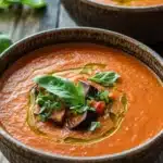 Roasted tomato eggplant soup - the image shows two bowls of tomato soup on a wooden table. the soup is a bright orange color and appears to be thick and creamy. it is garnished with fresh basil leaves and sliced eggplants. the bowls are made of ceramic and have a dark brown finish. the background is blurred, but it seems to be a rustic wooden table with more basil leaves scattered around. the overall mood of the image is fresh and appetizing.