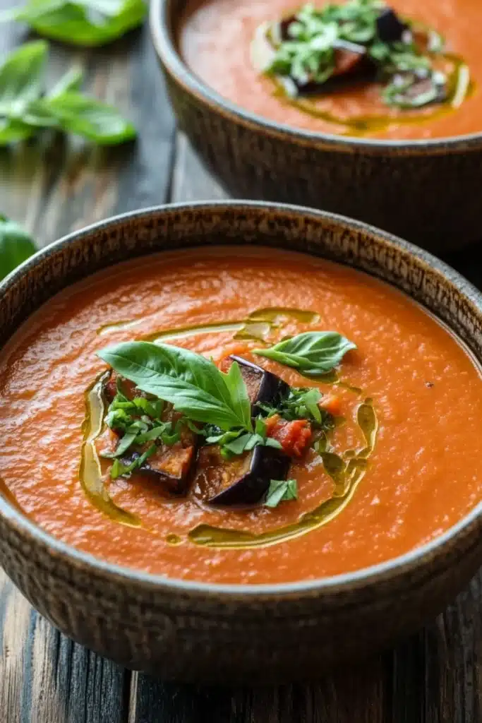 Roasted tomato eggplant soup - the image shows two bowls of tomato soup on a wooden table. the soup is a bright orange color and appears to be thick and creamy. it is garnished with fresh basil leaves and sliced eggplants. the bowls are made of ceramic and have a dark brown finish. the background is blurred, but it seems to be a rustic wooden table with more basil leaves scattered around. the overall mood of the image is fresh and appetizing.