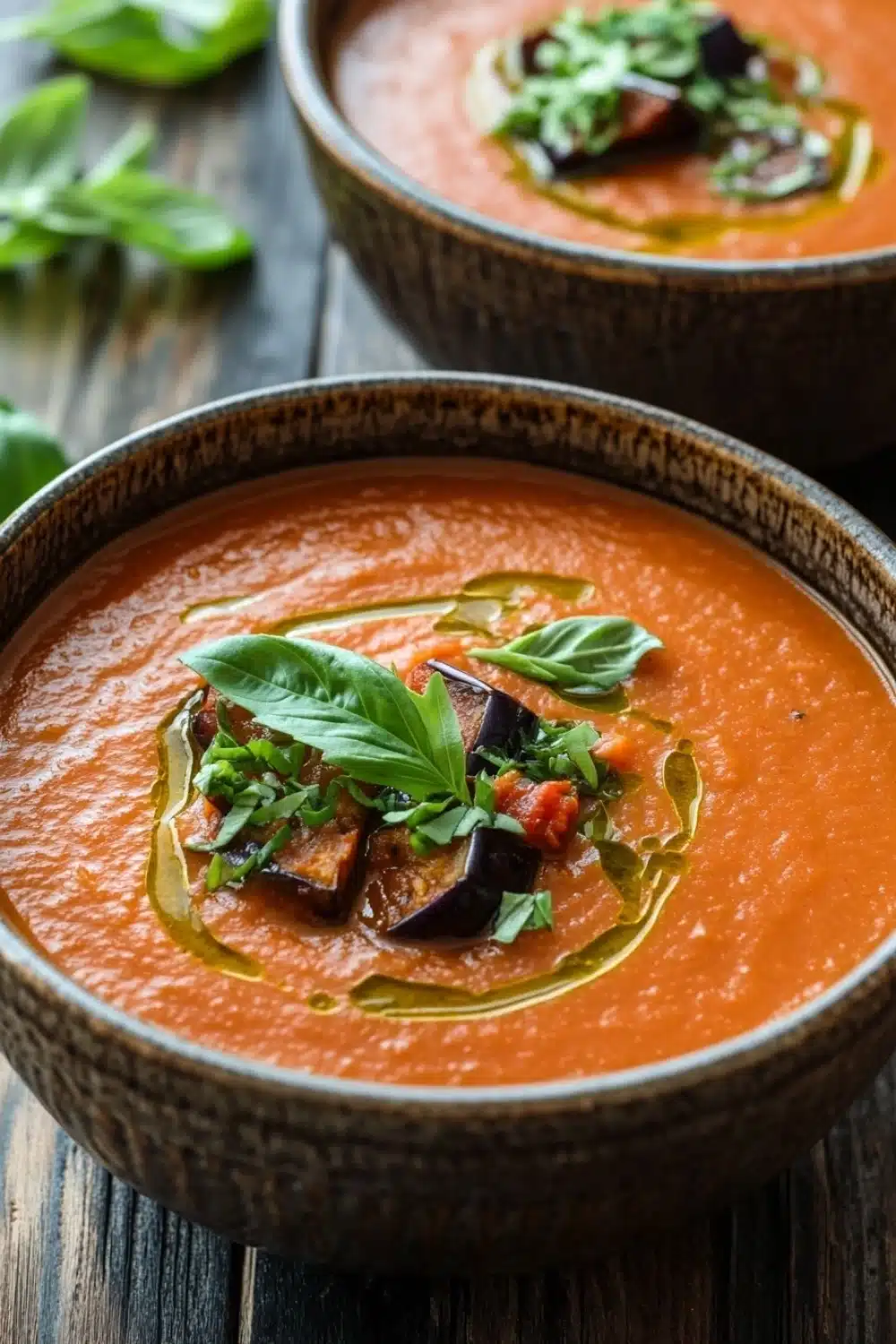 Roasted tomato eggplant soup - the image shows two bowls of tomato soup on a wooden table. the soup is a bright orange color and appears to be thick and creamy. it is garnished with fresh basil leaves and sliced eggplants. the bowls are made of ceramic and have a dark brown finish. the background is blurred, but it seems to be a rustic wooden table with more basil leaves scattered around. the overall mood of the image is fresh and appetizing.
