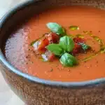 Roasted tomato soup creamy - the image is a close-up of a bowl of tomato soup. the soup is a bright orange color and appears to be thick and creamy. it is garnished with fresh basil leaves and small black pepper flakes. the bowl is made of dark brown ceramic with a textured surface. the background is blurred, but it seems to be a wooden table or countertop.