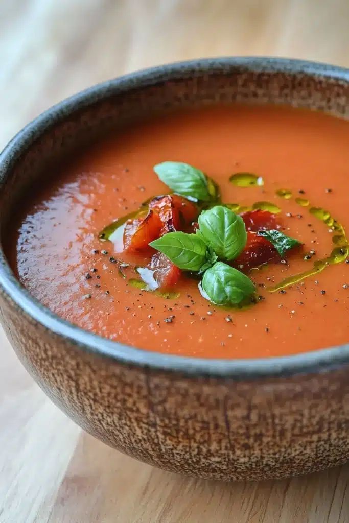 Roasted tomato soup creamy - the image is a close-up of a bowl of tomato soup. the soup is a bright orange color and appears to be thick and creamy. it is garnished with fresh basil leaves and small black pepper flakes. the bowl is made of dark brown ceramic with a textured surface. the background is blurred, but it seems to be a wooden table or countertop.