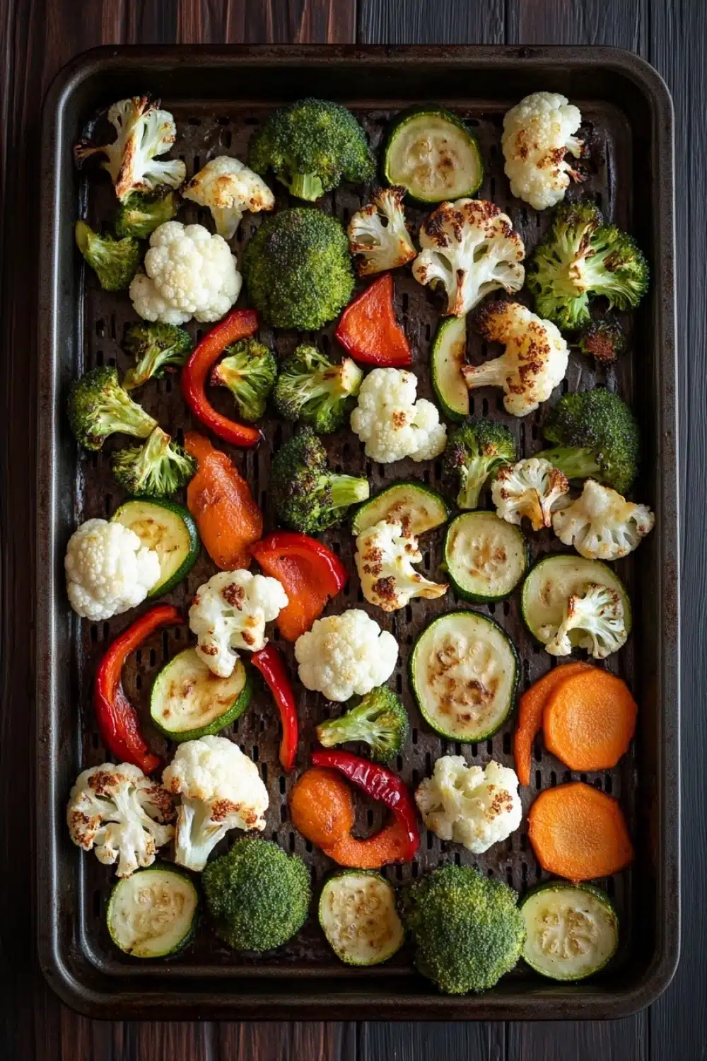 Roasted vegetables in ninja air fryer - the image shows a tray of roasted vegetables on a wooden table. the tray is rectangular in shape and has a dark brown color. the vegetables are arranged in a single layer on the tray, with some overlapping each other. on top of the vegetables, there are roasted cauliflower, broccoli, zucchini, and red bell peppers. there are also slices of orange and cucumber scattered throughout the tray. the background is blurred, but it appears to be a kitchen countertop.