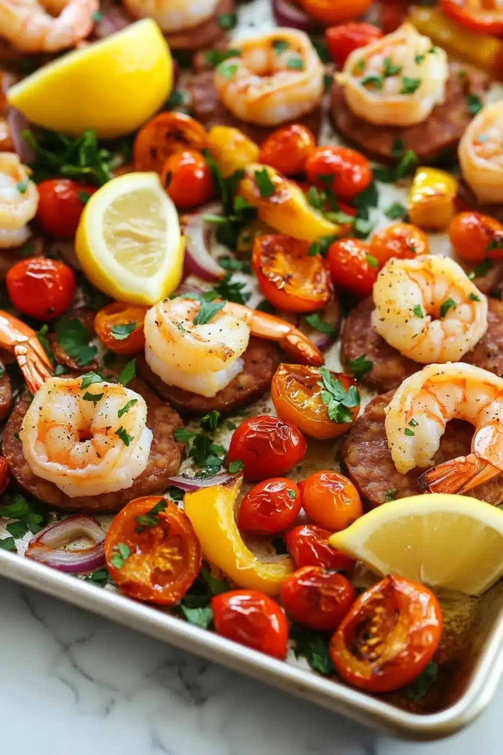 Sausage and shrimp sheet pan meal - the image shows a tray of cooked shrimp and sausage. the shrimp are cooked to a golden brown color and are arranged in a circular pattern on top of the sausage. there are also small pieces of cherry tomatoes, red onions, and yellow bell peppers scattered throughout the dish. the dish is garnished with fresh herbs and lemon wedges. the tray is sitting on a white marble countertop.
