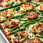 Sausage green beans alfredo sheet pan - the image shows a baking tray filled with a dish of green beans and sausage. the dish appears to be freshly baked and has a golden brown color. the green beans are long and slender, and they are arranged in a circular pattern on top of the sausage. there are also small pieces of sausage scattered throughout the dish. the sausage is golden brown and looks crispy on the outside. the sauce is melted and bubbly, and there are a few sprigs of parsley scattered on top. the tray is sitting on a wooden table, and the background is blurred.