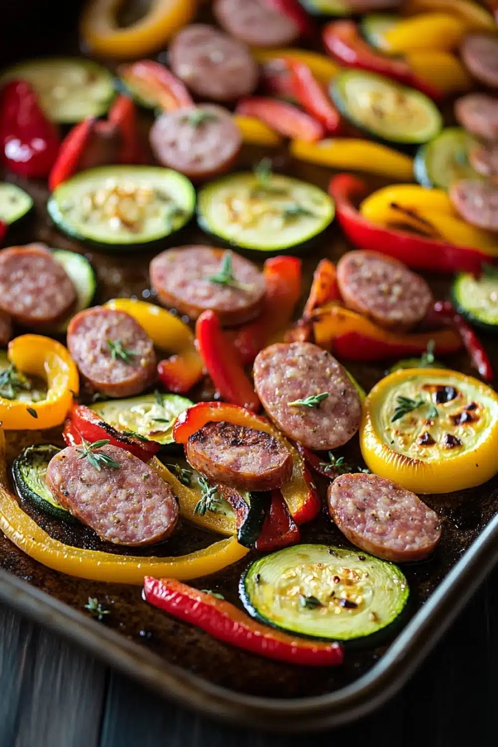 Sausage peppers and zucchini sheet pan - the image shows a baking tray filled with various types of vegetables. on the left side of the tray, there are sliced red and yellow bell peppers, zucchini, and red bell peppers. the vegetables are arranged in a circular pattern, with some overlapping each other. the tray is lined with parchment paper, and the background is dark, making the colors of the vegetables stand out. the overall appearance of the dish is colorful and appetizing.