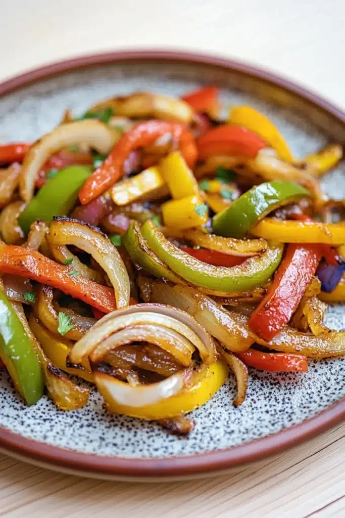 Sauteed fajita vegetables - the image is a close-up of a plate of food. the plate is round and has a blue and white speckled pattern around the edges. the food appears to be a stir-fry dish with sliced vegetables, including red, yellow, and green bell peppers. the vegetables are arranged in a circular pattern on the plate, with some overlapping each other. the colors of the vegetables are vibrant and the dish looks fresh and appetizing. the background is blurred, making the plate the focal point of the image.
