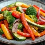 Sauteed vegetables in sauce - the image is a close-up of a colorful salad on a gray plate. the salad is made up of various types of vegetables, including broccoli, red and yellow bell peppers, zucchini, and red onions. the vegetables are arranged in a circular pattern on the plate, with some overlapping each other. the plate is sitting on a wooden table, and the background is blurred, making the colors of the vegetables stand out. the overall appearance of the salad is fresh and vibrant.