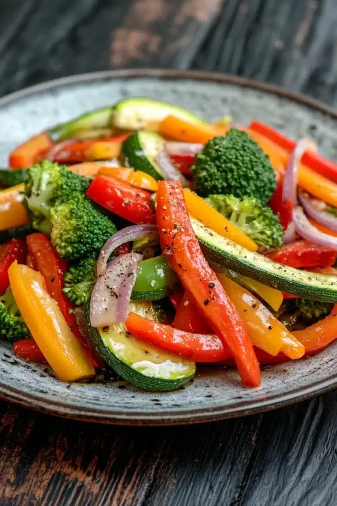 Sauteed vegetables in sauce - the image is a close-up of a colorful salad on a gray plate. the salad is made up of various types of vegetables, including broccoli, red and yellow bell peppers, zucchini, and red onions. the vegetables are arranged in a circular pattern on the plate, with some overlapping each other. the plate is sitting on a wooden table, and the background is blurred, making the colors of the vegetables stand out. the overall appearance of the salad is fresh and vibrant.