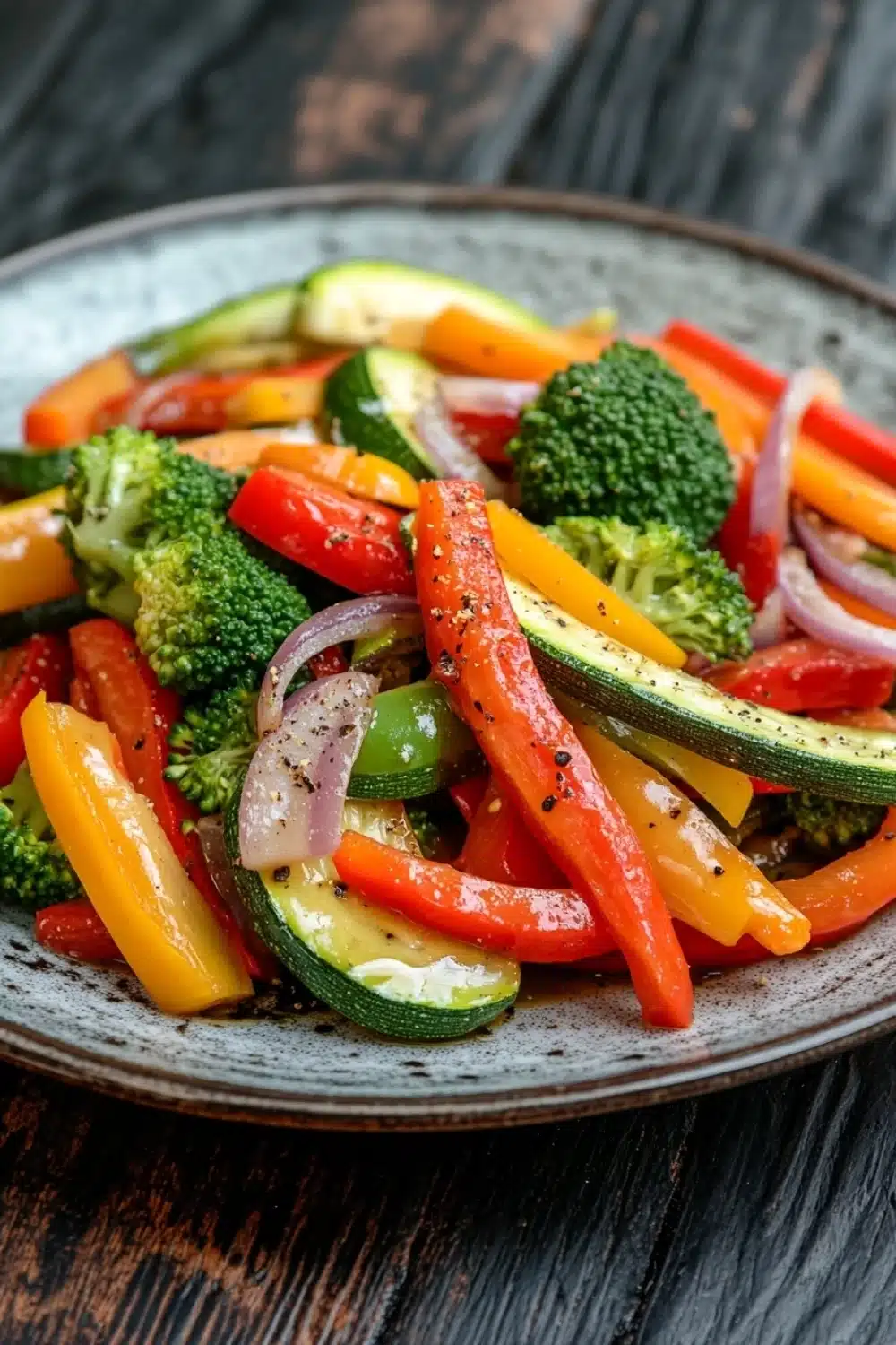 Sauteed vegetables in sauce - the image is a close-up of a colorful salad on a gray plate. the salad is made up of various types of vegetables, including broccoli, red and yellow bell peppers, zucchini, and red onions. the vegetables are arranged in a circular pattern on the plate, with some overlapping each other. the plate is sitting on a wooden table, and the background is blurred, making the colors of the vegetables stand out. the overall appearance of the salad is fresh and vibrant.