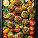 Sheet pan chicken meatballs and vegetables - the image shows a rectangular baking tray filled with roasted vegetables. the vegetables appear to be zucchini, cherry tomatoes, and red onions. the meatballs are golden brown and have a crispy texture. they are garnished with fresh parsley. the tray is sitting on a wooden table.