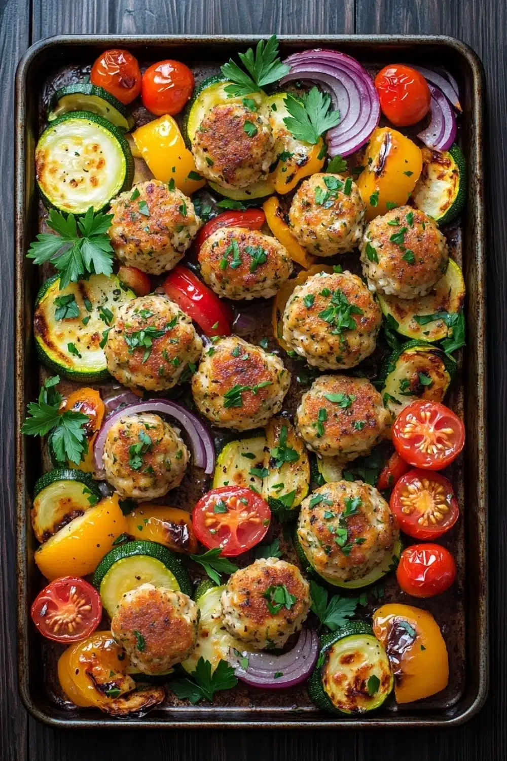 Sheet pan chicken meatballs and vegetables - the image shows a rectangular baking tray filled with roasted vegetables. the vegetables appear to be zucchini, cherry tomatoes, and red onions. the meatballs are golden brown and have a crispy texture. they are garnished with fresh parsley. the tray is sitting on a wooden table.