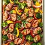 Sheet pan chicken sausage honey garlic - the image shows a rectangular baking tray filled with cooked chicken and vegetables. the chicken is golden brown and appears to be seasoned with herbs and spices. the vegetables include broccoli, red and yellow bell peppers, and red onions. the tray is lined with parchment paper and is placed on a white marble countertop. the overall appearance of the dish is colorful and appetizing.