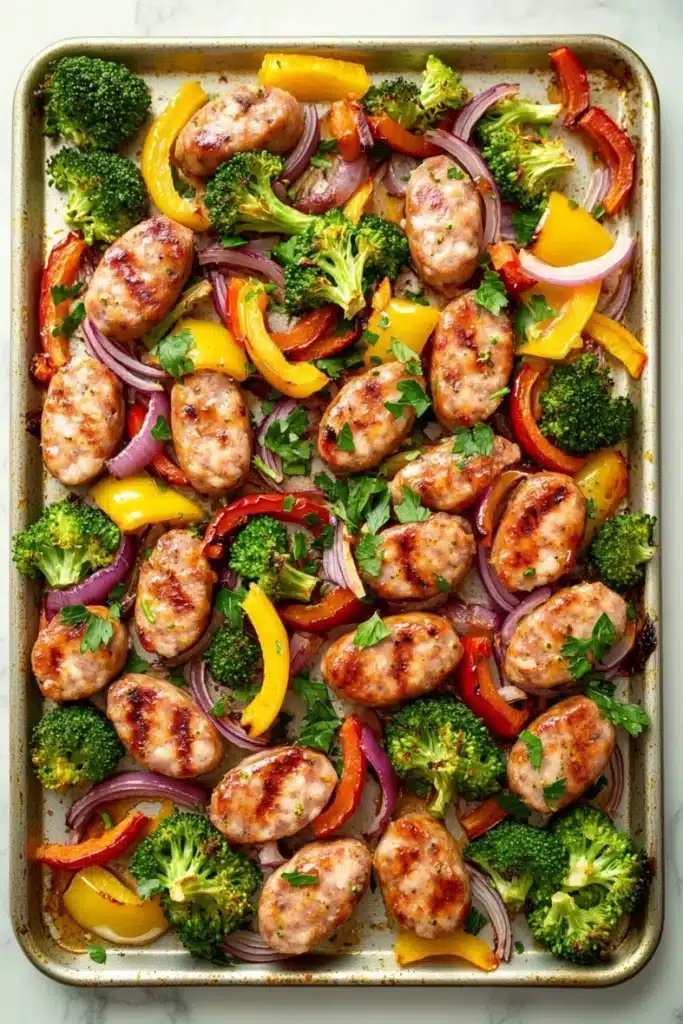 Sheet pan chicken sausage honey garlic - the image shows a rectangular baking tray filled with cooked chicken and vegetables. the chicken is golden brown and appears to be seasoned with herbs and spices. the vegetables include broccoli, red and yellow bell peppers, and red onions. the tray is lined with parchment paper and is placed on a white marble countertop. the overall appearance of the dish is colorful and appetizing.