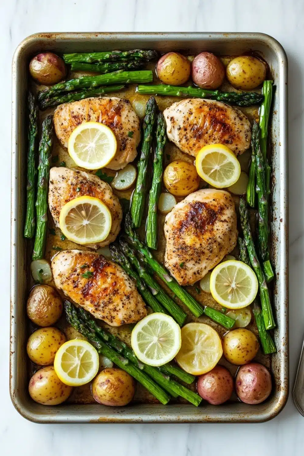 Sheet pan dinner with asparagus - the image shows a rectangular baking tray filled with cooked chicken, asparagus, potatoes, and lemons. the chicken is golden brown and appears to be seasoned with herbs and spices. the potatoes are small and round, and the lemons are bright yellow. the tray is placed on a white marble countertop, and there is a silver spoon on the right side of the image.