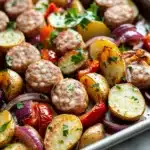 Sheet pan dinners with chicken sausage - the image shows a baking tray filled with roasted potatoes and sausage. the potatoes are golden brown and appear to be seasoned with herbs and spices. the sausage is cut into small cubes and is arranged in a circular pattern on top of the potatoes. there are also red and yellow bell peppers scattered throughout the dish. the tray is lined with parchment paper and is sitting on a white countertop. the overall appearance of the dish is colorful and appetizing.