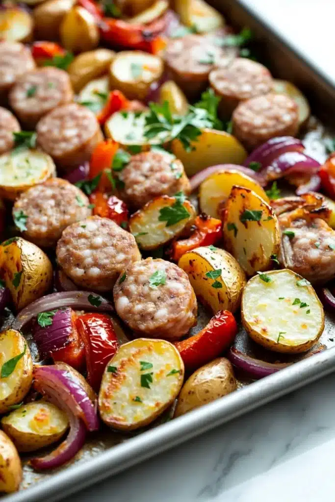 Sheet pan dinners with chicken sausage - the image shows a baking tray filled with roasted potatoes and sausage. the potatoes are golden brown and appear to be seasoned with herbs and spices. the sausage is cut into small cubes and is arranged in a circular pattern on top of the potatoes. there are also red and yellow bell peppers scattered throughout the dish. the tray is lined with parchment paper and is sitting on a white countertop. the overall appearance of the dish is colorful and appetizing.