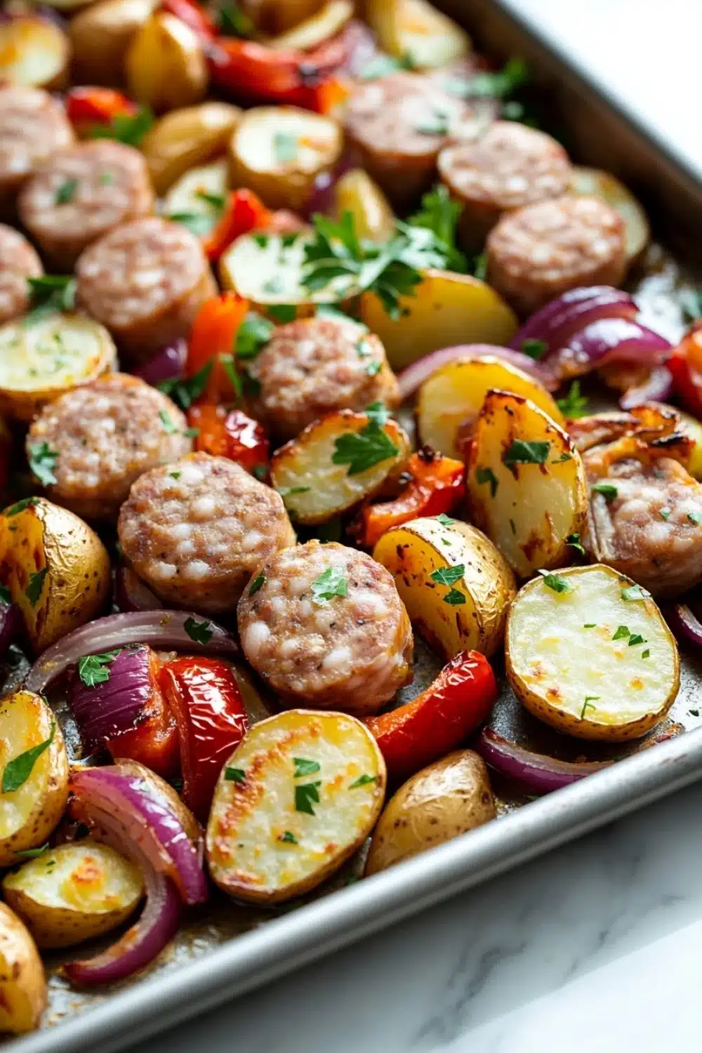 Sheet pan dinners with chicken sausage - the image shows a baking tray filled with roasted potatoes and sausage. the potatoes are golden brown and appear to be seasoned with herbs and spices. the sausage is cut into small cubes and is arranged in a circular pattern on top of the potatoes. there are also red and yellow bell peppers scattered throughout the dish. the tray is lined with parchment paper and is sitting on a white countertop. the overall appearance of the dish is colorful and appetizing.