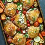 Sheet pan lemon chicken with roasted vegetables and feta - the image shows a rectangular baking tray filled with roasted chicken and vegetables. the chicken is golden brown and appears to be seasoned with herbs and spices. the vegetables include sliced zucchini, cherry tomatoes, red onions, and cherry tomatoes. the tray is garnished with chopped parsley. the background is a dark grey countertop.