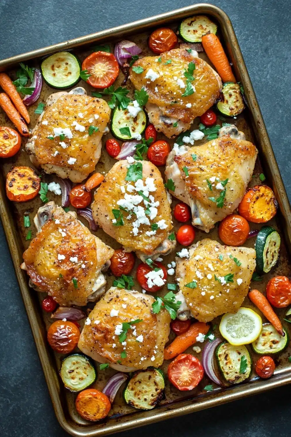 Sheet pan lemon chicken with roasted vegetables and feta - the image shows a rectangular baking tray filled with roasted chicken and vegetables. the chicken is golden brown and appears to be seasoned with herbs and spices. the vegetables include sliced zucchini, cherry tomatoes, red onions, and cherry tomatoes. the tray is garnished with chopped parsley. the background is a dark grey countertop.