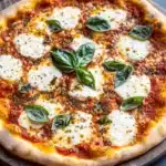 Sheet pan margarita pizza - the image is a close-up of a freshly baked pizza on a wooden cutting board. the pizza has a golden-brown crust and is topped with melted mozzarella cheese and fresh basil leaves. the cheese is melted and bubbly, and the basil leaves are arranged in a circular pattern around the edges of the pizza. the background is a dark grey countertop. the overall color scheme of the image is red, black, and white.