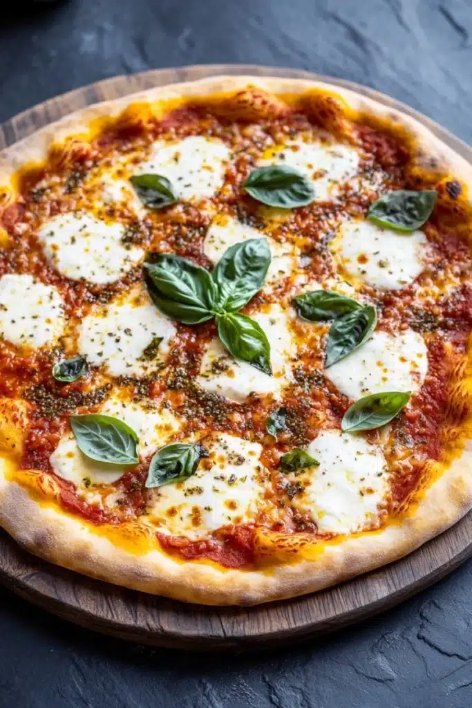 Sheet pan margarita pizza - the image is a close-up of a freshly baked pizza on a wooden cutting board. the pizza has a golden-brown crust and is topped with melted mozzarella cheese and fresh basil leaves. the cheese is melted and bubbly, and the basil leaves are arranged in a circular pattern around the edges of the pizza. the background is a dark grey countertop. the overall color scheme of the image is red, black, and white.