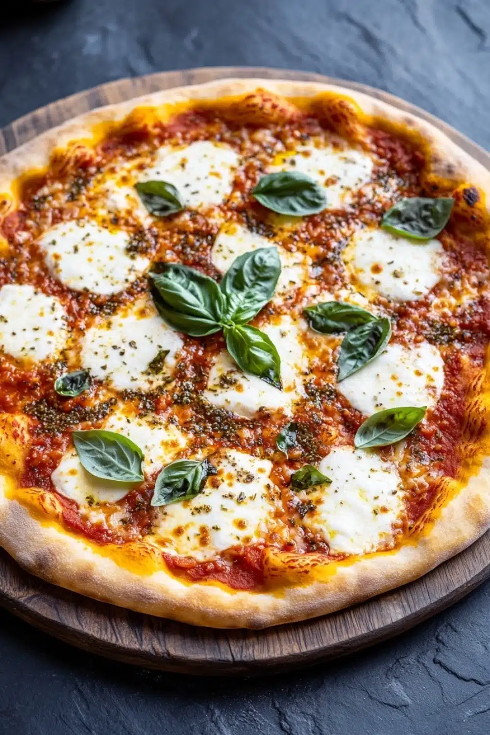 Sheet pan margarita pizza - the image is a close-up of a freshly baked pizza on a wooden cutting board. the pizza has a golden-brown crust and is topped with melted mozzarella cheese and fresh basil leaves. the cheese is melted and bubbly, and the basil leaves are arranged in a circular pattern around the edges of the pizza. the background is a dark grey countertop. the overall color scheme of the image is red, black, and white.