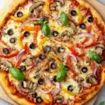 Sheet pan pizza with store bought dough - the image is of a freshly baked pizza on a wooden cutting board. the pizza is topped with a variety of toppings, including sliced red bell peppers, sliced mushrooms, black olives, and basil leaves. the toppings are arranged in a circular pattern, with some overlapping each other. the crust of the pizza is golden brown and appears to be freshly baked. there is a small bowl of olives on the right side of the image, and a gray cloth napkin on the left side. the background is a white marble countertop.