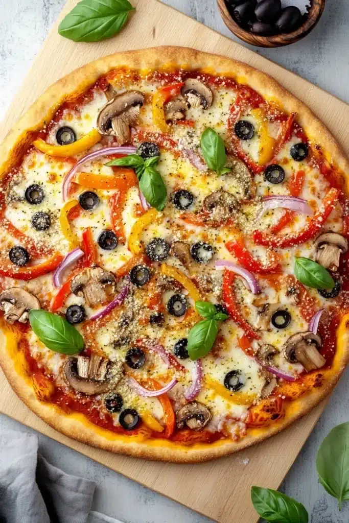 Sheet pan pizza with store bought dough - the image is of a freshly baked pizza on a wooden cutting board. the pizza is topped with a variety of toppings, including sliced red bell peppers, sliced mushrooms, black olives, and basil leaves. the toppings are arranged in a circular pattern, with some overlapping each other. the crust of the pizza is golden brown and appears to be freshly baked. there is a small bowl of olives on the right side of the image, and a gray cloth napkin on the left side. the background is a white marble countertop.