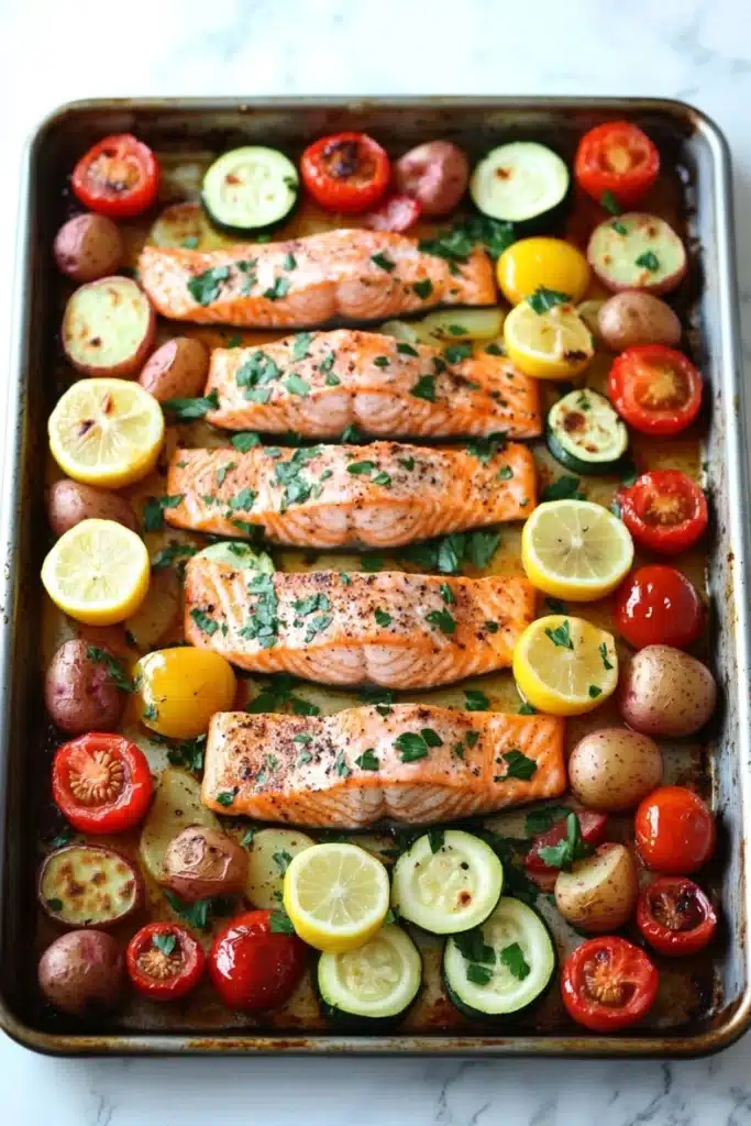 Sheet pan salmon meal - the image shows a rectangular baking tray with four pieces of salmon on it. the salmon is cooked to a golden brown color and is garnished with fresh herbs and lemon wedges. the tray is filled with roasted vegetables, including cherry tomatoes, zucchini, and potatoes. the vegetables are arranged in a circular pattern on the tray, with some overlapping each other. the background is a white marble countertop.
