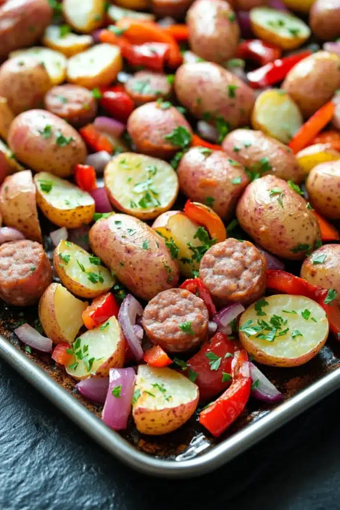 Sheet pan sausage and potatoes dinner - the image shows a baking tray filled with roasted potatoes and sausage. the potatoes are golden brown and appear to be seasoned with herbs and spices. the sausage is cut into small cubes and is arranged in a circular pattern on the tray. there are also diced red and yellow bell peppers, red onions, and yellow squash scattered throughout the dish. the tray is lined with parchment paper and is sitting on a black countertop. the overall appearance of the dish is colorful and appetizing.