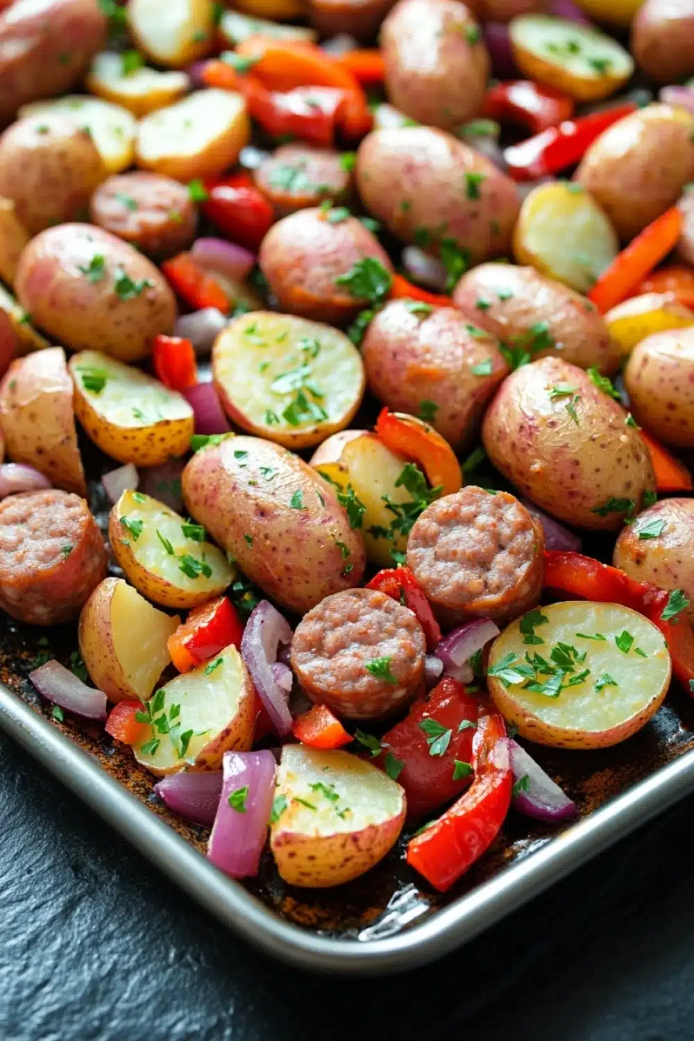 Sheet pan sausage and potatoes dinner - the image shows a baking tray filled with roasted potatoes and sausage. the potatoes are golden brown and appear to be seasoned with herbs and spices. the sausage is cut into small cubes and is arranged in a circular pattern on the tray. there are also diced red and yellow bell peppers, red onions, and yellow squash scattered throughout the dish. the tray is lined with parchment paper and is sitting on a black countertop. the overall appearance of the dish is colorful and appetizing.