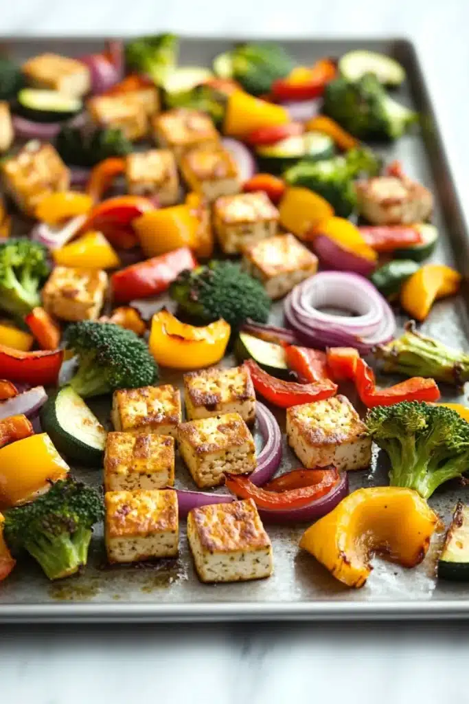 Sheet pan tofu and vegetables - the image shows a tray of grilled vegetables on a baking sheet. the vegetables are arranged in a circular pattern on the tray, with pieces of tofu, red onions, yellow bell peppers, broccoli, and zucchini scattered throughout. the tofu appears to be seasoned with herbs and spices, giving it a golden brown color. the tray is lined with parchment paper, and the vegetables are glistening with oil. the background is a white countertop.