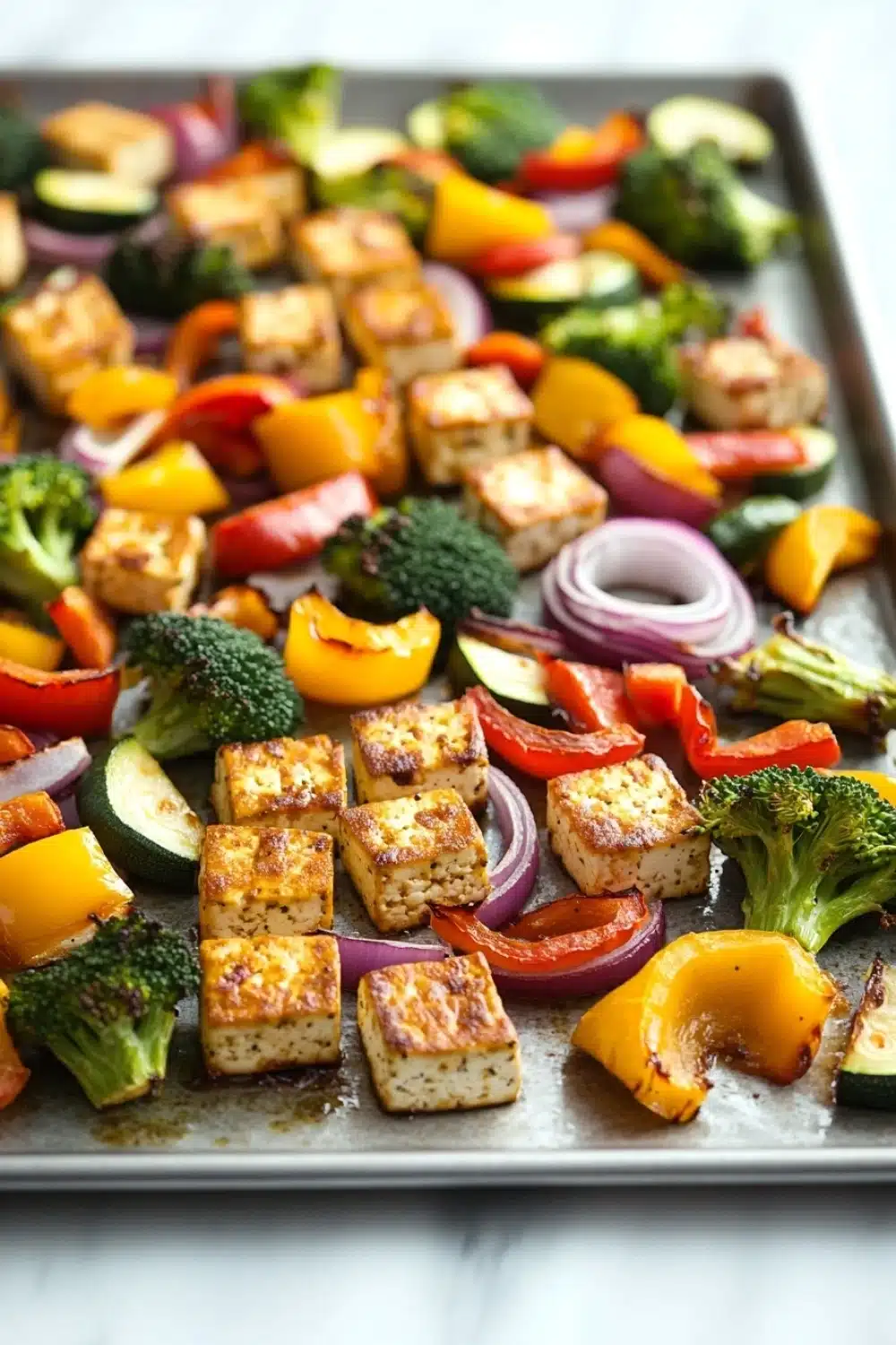 Sheet pan tofu and vegetables - the image shows a tray of grilled vegetables on a baking sheet. the vegetables are arranged in a circular pattern on the tray, with pieces of tofu, red onions, yellow bell peppers, broccoli, and zucchini scattered throughout. the tofu appears to be seasoned with herbs and spices, giving it a golden brown color. the tray is lined with parchment paper, and the vegetables are glistening with oil. the background is a white countertop.