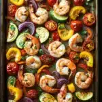 Sheet pan vegetables and shrimp - the image shows a rectangular baking tray with a variety of colorful vegetables arranged on it. the vegetables include sliced zucchini, red onions, cherry tomatoes, and yellow bell peppers. the shrimp are cooked and appear to be seasoned with herbs and spices. the tray is lined with parchment paper and is placed on a dark wooden surface. the overall appearance of the dish is fresh and appetizing.