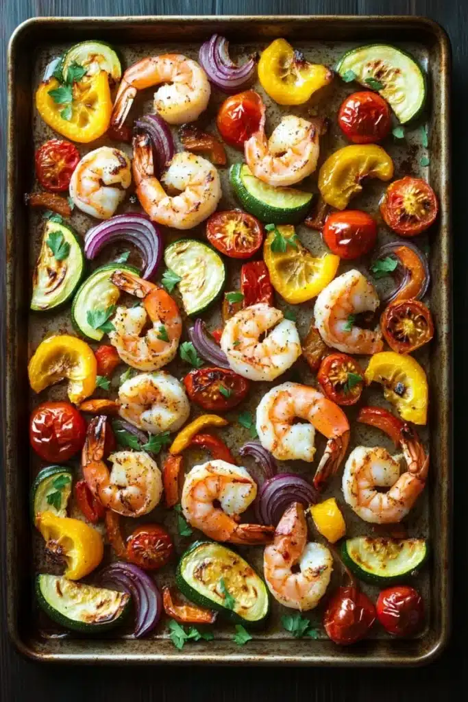 Sheet pan vegetables and shrimp - the image shows a rectangular baking tray with a variety of colorful vegetables arranged on it. the vegetables include sliced zucchini, red onions, cherry tomatoes, and yellow bell peppers. the shrimp are cooked and appear to be seasoned with herbs and spices. the tray is lined with parchment paper and is placed on a dark wooden surface. the overall appearance of the dish is fresh and appetizing.