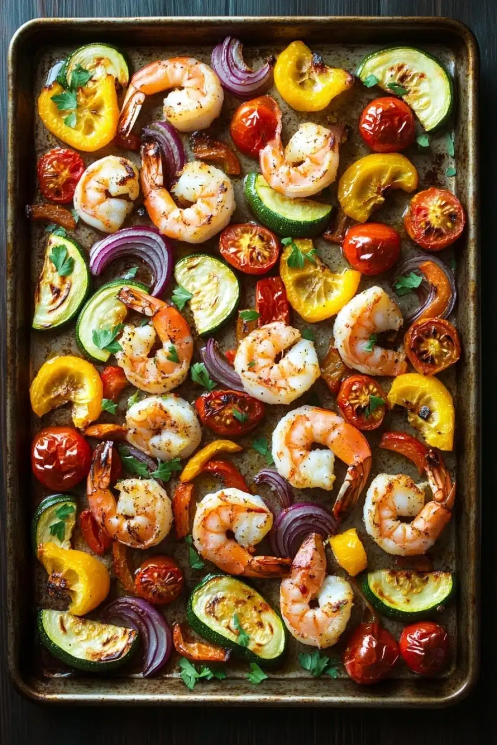 Sheet pan vegetables and shrimp - the image shows a rectangular baking tray with a variety of colorful vegetables arranged on it. the vegetables include sliced zucchini, red onions, cherry tomatoes, and yellow bell peppers. the shrimp are cooked and appear to be seasoned with herbs and spices. the tray is lined with parchment paper and is placed on a dark wooden surface. the overall appearance of the dish is fresh and appetizing.