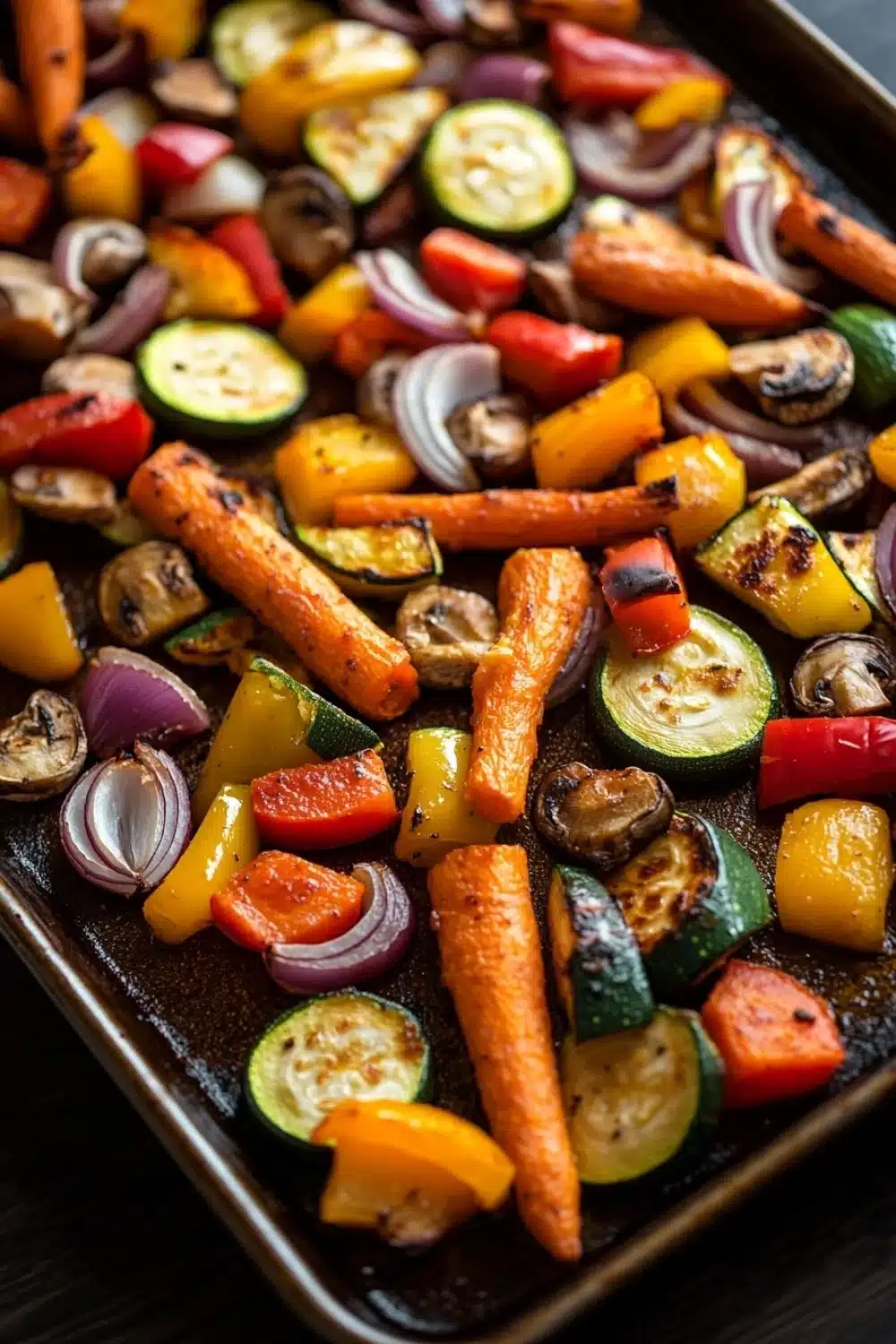 Sheet pan vegetables with carrots - the image shows a tray of roasted vegetables on a wooden table. the vegetables are arranged in a circular pattern on the tray, with some overlapping each other. the carrots are orange and appear to be seasoned with herbs and spices. there are also small pieces of red and yellow bell peppers, zucchini, and mushrooms scattered throughout the vegetables. the tray is lined with parchment paper, and the vegetables are glistening with oil. the background is dark, making the colors of the vegetables stand out.
