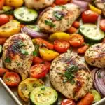 Sheet pan vegetables with chicken - the image shows a baking tray filled with grilled chicken and vegetables. the chicken is golden brown and appears to be seasoned with herbs and spices. the vegetables include sliced zucchini, cherry tomatoes, red onions, and yellow bell peppers. the tray is lined with parchment paper and is placed on a white marble countertop. the overall presentation of the dish is colorful and appetizing.