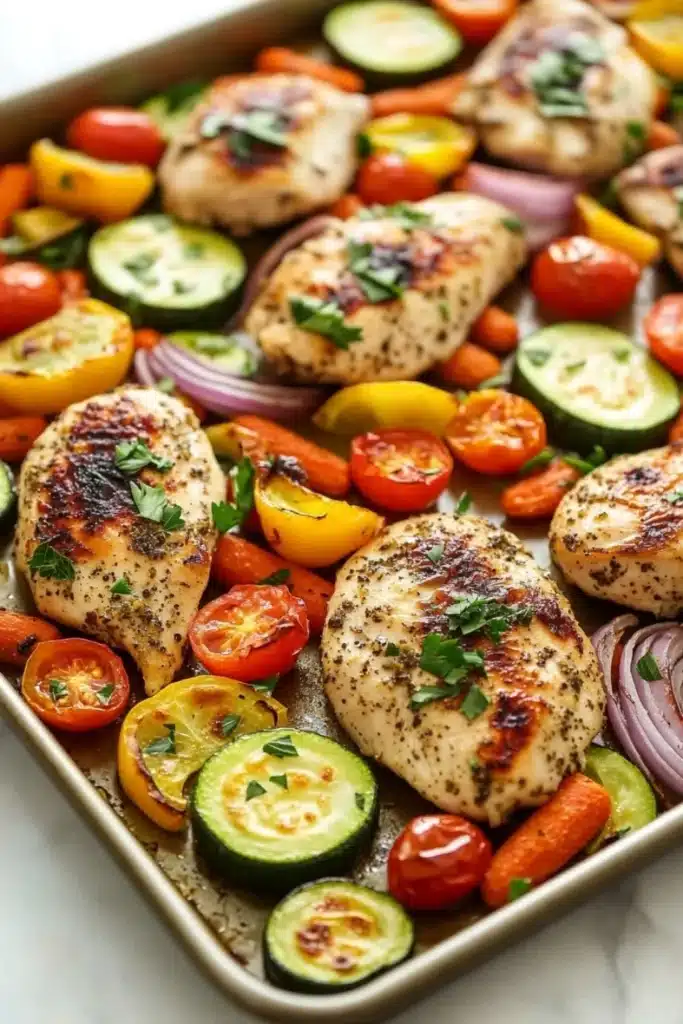 Sheet pan vegetables with chicken - the image shows a baking tray filled with grilled chicken and vegetables. the chicken is golden brown and appears to be seasoned with herbs and spices. the vegetables include sliced zucchini, cherry tomatoes, red onions, and yellow bell peppers. the tray is lined with parchment paper and is placed on a white marble countertop. the overall presentation of the dish is colorful and appetizing.