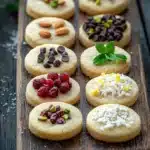 Shortbread cookie toppings - the image shows a wooden cutting board with a variety of cookies arranged on it. there are nine cookies in total, arranged in two rows and three columns. the cookies are round and golden brown in color, with a light dusting of powdered sugar on top. the cookies are decorated with various toppings, including almonds, chocolate chips, pistachios, and raspberries. some of the cookies have a bite taken out of one of them, while others have a sprinkle of white chocolate shavings on the other. there are also a few mint leaves scattered around the board, adding a pop of green color to the image. the background is a dark wooden table with a few sprigs of greenery. the overall mood of the image is rustic and appetizing.