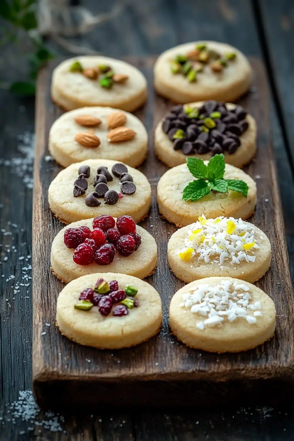 Shortbread cookie toppings - the image shows a wooden cutting board with a variety of cookies arranged on it. there are nine cookies in total, arranged in two rows and three columns. the cookies are round and golden brown in color, with a light dusting of powdered sugar on top. the cookies are decorated with various toppings, including almonds, chocolate chips, pistachios, and raspberries. some of the cookies have a bite taken out of one of them, while others have a sprinkle of white chocolate shavings on the other. there are also a few mint leaves scattered around the board, adding a pop of green color to the image. the background is a dark wooden table with a few sprigs of greenery. the overall mood of the image is rustic and appetizing.