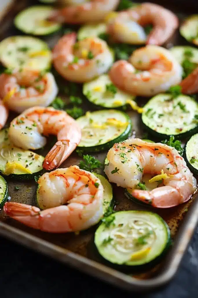 Shrimp and zucchini sheet pan dinner - the image shows a baking tray filled with cooked shrimp and zucchini. the shrimp are pink and appear to be seasoned with herbs and spices. the zucchinis are sliced and arranged in a circular pattern on the tray. the tray is lined with parchment paper and there are a few sprigs of parsley scattered around the tray, adding a pop of green color to the dish. the background is dark, making the colors of the dish stand out.