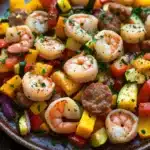 Shrimp sausage veggie skillet - the image is a close-up of a plate of shrimp and vegetable salad. the plate is made of dark brown ceramic and is placed on a wooden table. the salad is made up of various types of vegetables, including shrimp, zucchini, bell peppers, and red onions. the shrimp are cooked to a golden brown color and are arranged in a circular pattern on top of the vegetables. there are also small pieces of sausage scattered throughout the salad, adding a savory flavor. the dish is garnished with chopped herbs, giving it a fresh and appetizing appearance.