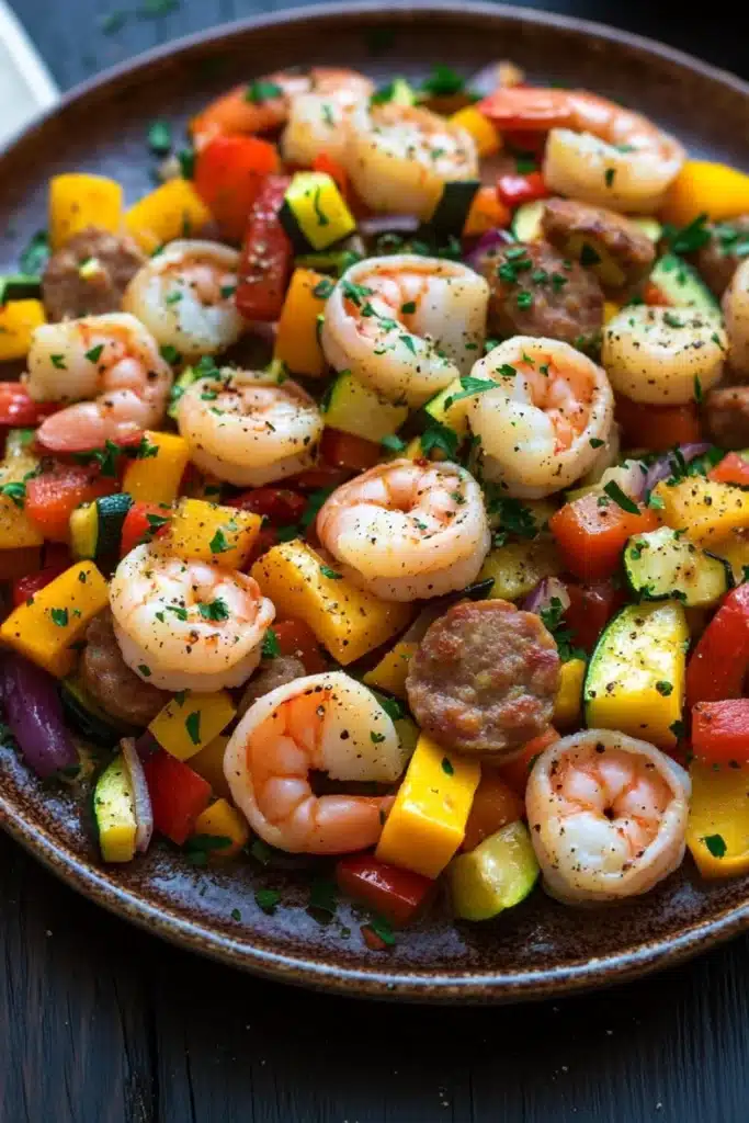 Shrimp sausage veggie skillet - the image is a close-up of a plate of shrimp and vegetable salad. the plate is made of dark brown ceramic and is placed on a wooden table. the salad is made up of various types of vegetables, including shrimp, zucchini, bell peppers, and red onions. the shrimp are cooked to a golden brown color and are arranged in a circular pattern on top of the vegetables. there are also small pieces of sausage scattered throughout the salad, adding a savory flavor. the dish is garnished with chopped herbs, giving it a fresh and appetizing appearance.