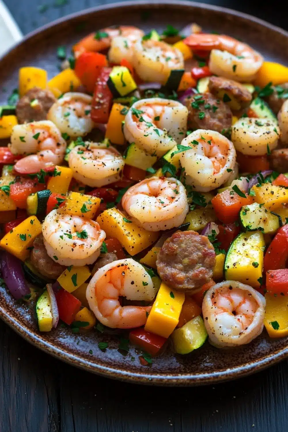 Shrimp sausage veggie skillet - the image is a close-up of a plate of shrimp and vegetable salad. the plate is made of dark brown ceramic and is placed on a wooden table. the salad is made up of various types of vegetables, including shrimp, zucchini, bell peppers, and red onions. the shrimp are cooked to a golden brown color and are arranged in a circular pattern on top of the vegetables. there are also small pieces of sausage scattered throughout the salad, adding a savory flavor. the dish is garnished with chopped herbs, giving it a fresh and appetizing appearance.