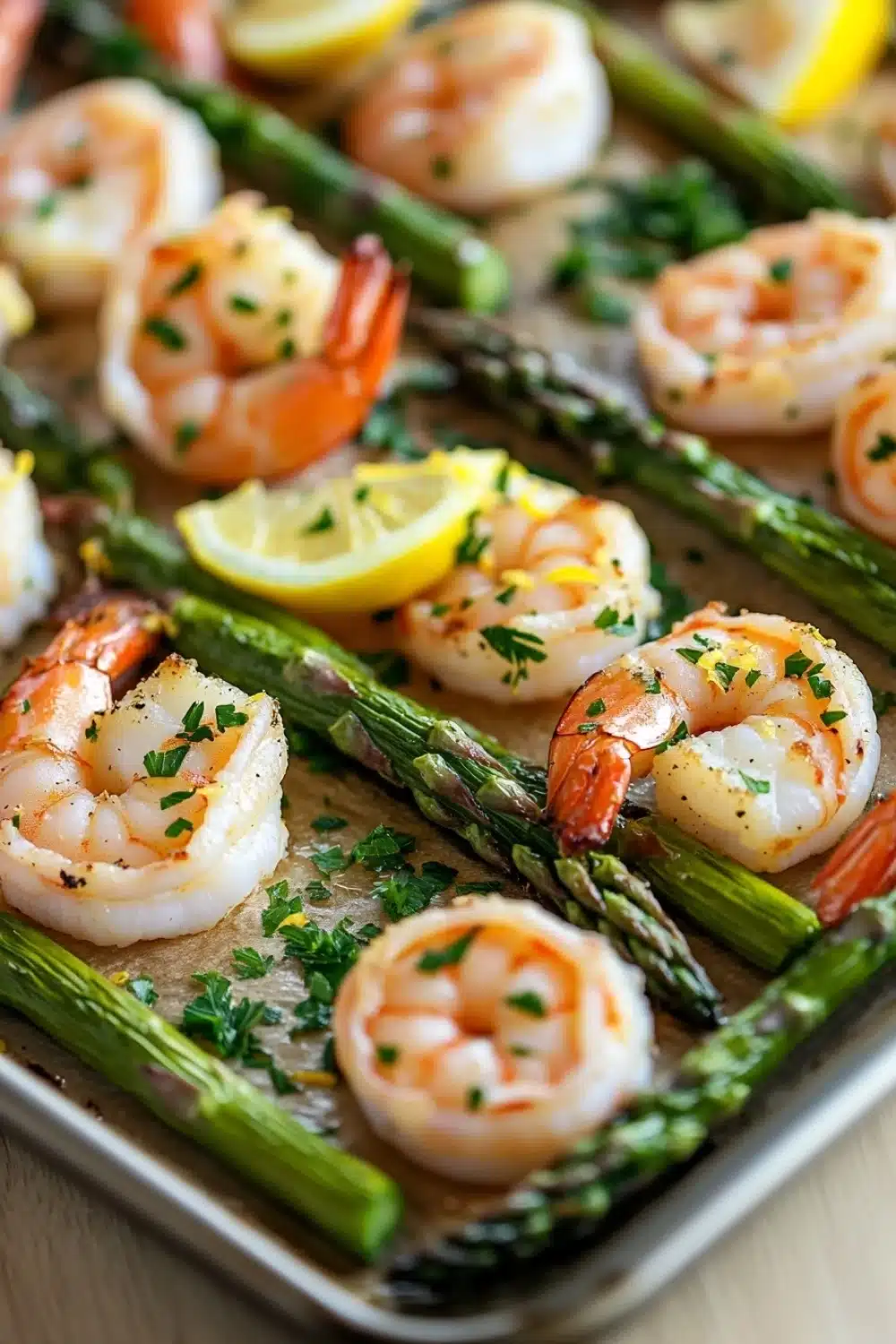 Shrimp sheet pan with asparagus - the image shows a tray of cooked shrimp and asparagus on a wooden table. the shrimp are arranged in a single layer on the tray, with some of them overlapping each other. the asparaglips are bright green and appear to be seasoned with herbs and lemon wedges. the tray is lined with parchment paper, and there are a few sprigs of parsley scattered around the tray. the background is blurred, but it appears to be a kitchen countertop.