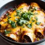 Skillet beef enchiladas - the image shows a black cast iron skillet filled with enchiladas. the enchillas are covered in melted cheese and garnished with fresh cilantro. the skillet is sitting on a white marble countertop. the background is blurred, but it appears to be a kitchen countertop with more cilantro scattered around.